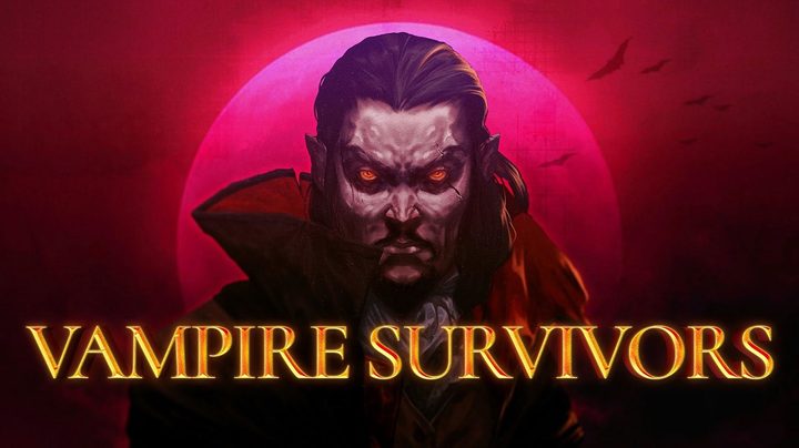 The final vampire boss in Vampire Survivors in front of a red moon. The title of the game is in big gold letters.