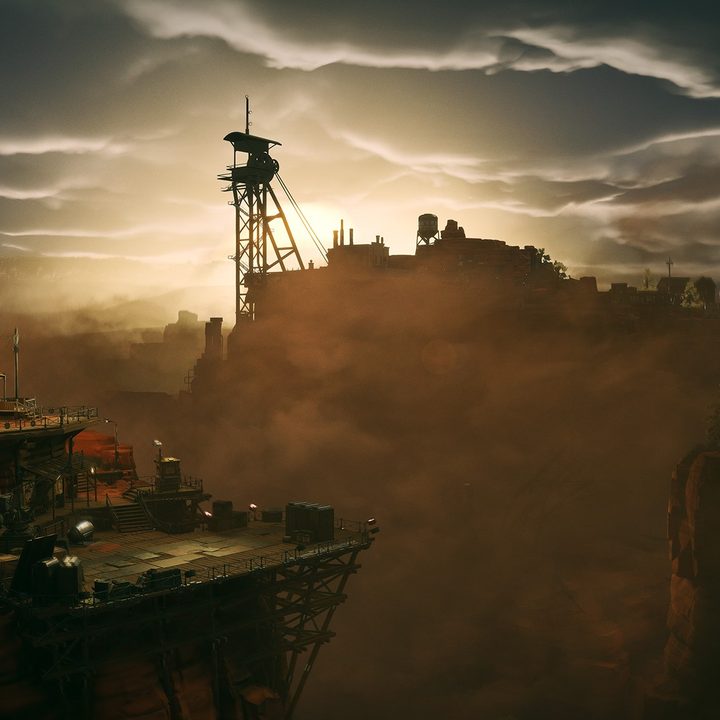 Some platforms with buildings on it in what looks like a Southwestern US valley. There's a watchers tower in the back.
