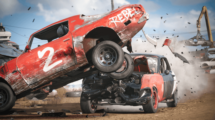 Two cars collide in Wreckfest 2.