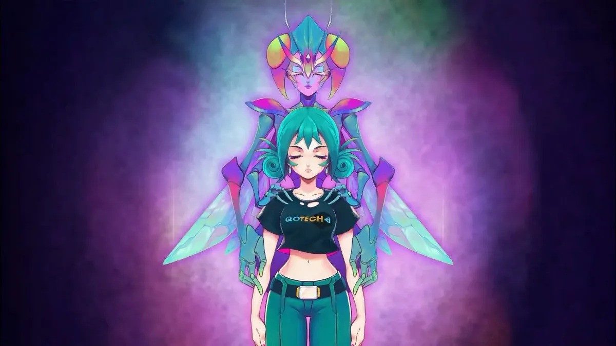A bug stands behind Emi in Yars Rising key art.