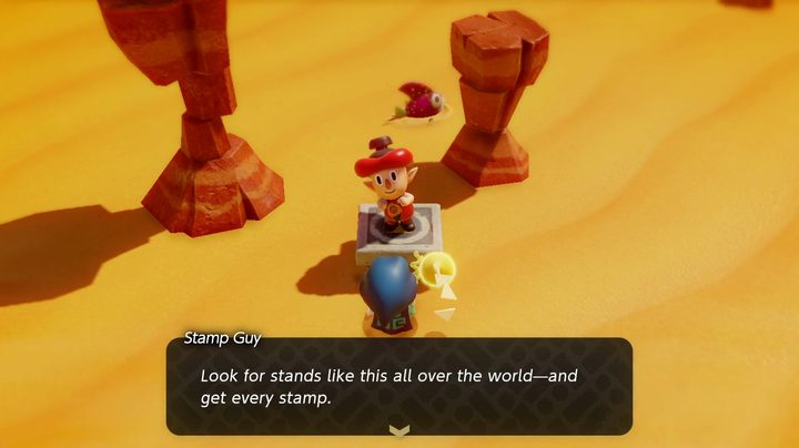 Zelda talking to the stamp guy in Echoes of Wisdom.