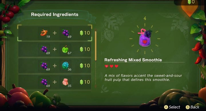 The smoothie recipe list in Echoes of Wisdom.