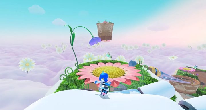 Astro bot looking at a floating flower pot.