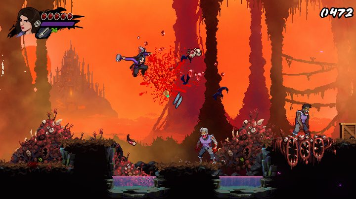 Kelly Maxwell from Ash vs Evil Dead is swooping through the air swinging a hand held hammer at a zombie like character in Ash vs Evil Dead.