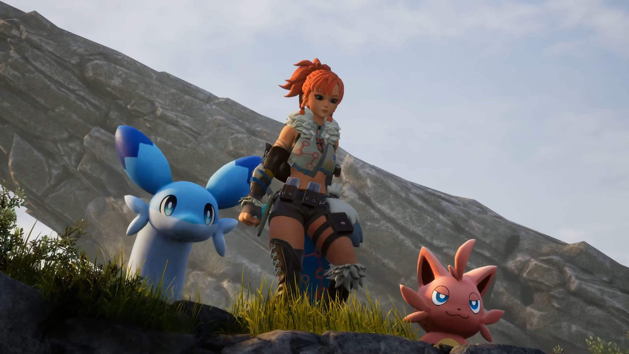 A person and two pals in Palworld.