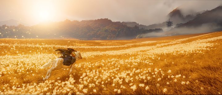 Atsu riding through a golden field in Ghost of Yotei.