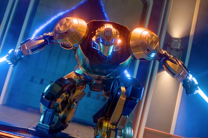 Bumblebee crouches with laser knives drawn in Transformers One.