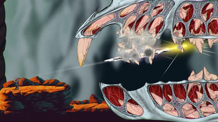 A chain staff is thrown through the teeth of a massive skull towards an exposed organ in Chain Staff.