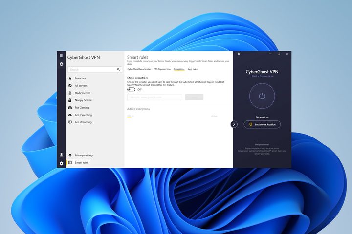 CyberGhost doesn't offer many advanced options and split-tunneling only works with OpenVPN.