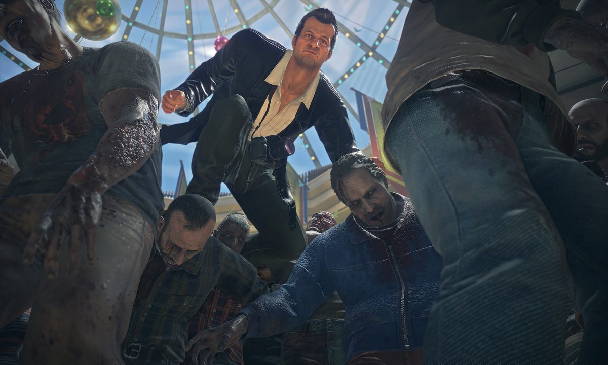 Frank West leaps over zombies in Dead Rising Deluxe Remaster.