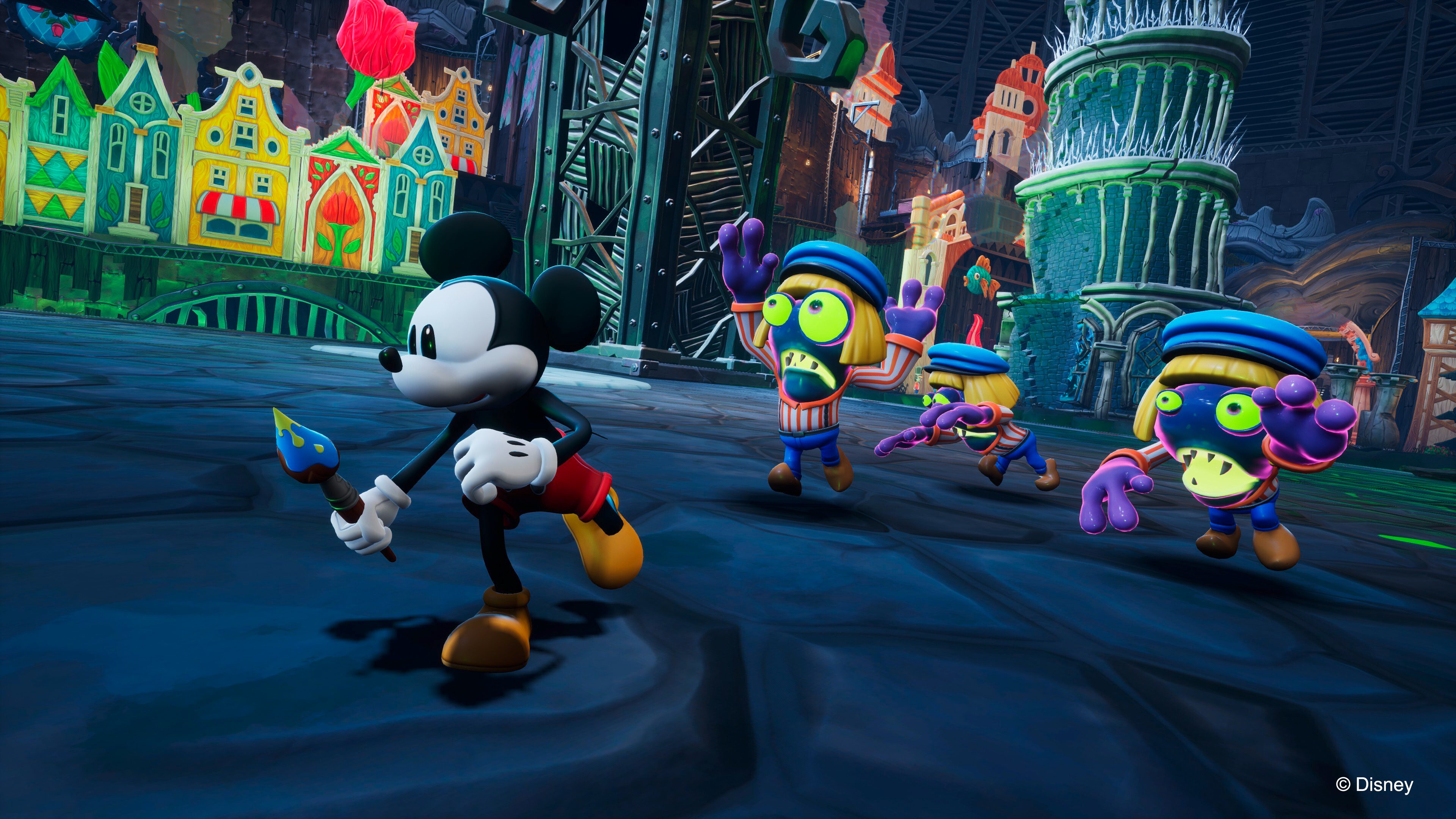 Mickey runs away from two costumed Splatters in Epic Mickey: Rebrushed.