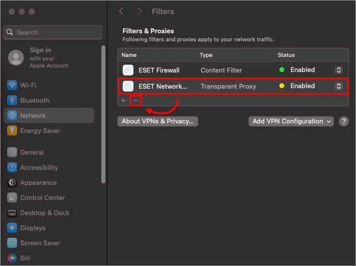 ESET instructions on how to remove it from Mac filters.