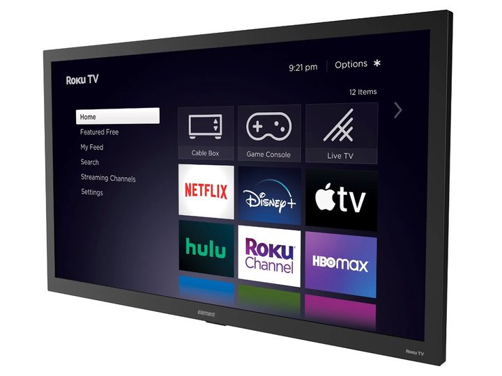 The Element Electronics Outdoor Series 4K TV showing the Roku home screen.