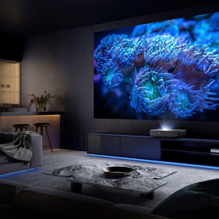 Hisense PL1 X-Fusion Laser Projector used to create screen on wall