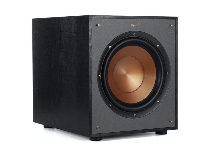 The Klipsch R-100SW 10-inch subwoofer against a white background.