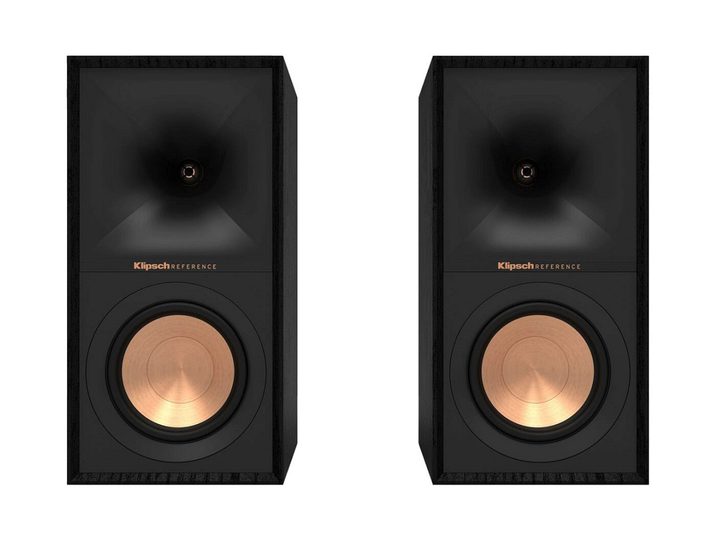 The Klipsch Reference Series 5 bookshelf speakers on a white background.