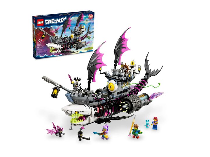 The Lego DREAMZzz Nightmare Shark Ship set with its box in the background.