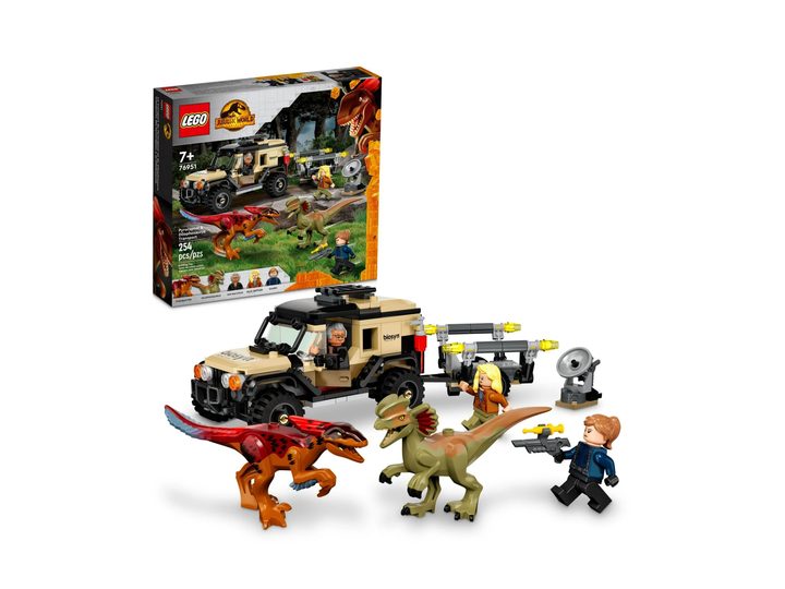 The full contents of a Lego Jurassic World Dominion set next to its box.