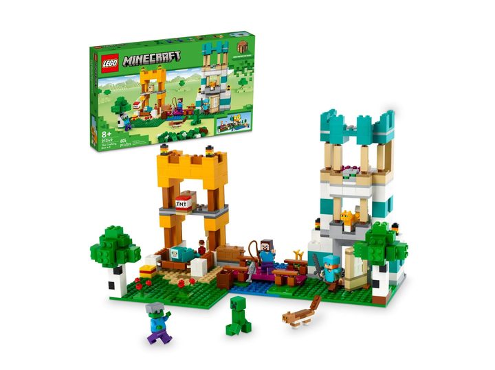A look at an example scene you can make with the Lego Minecraft The Crafting Box set with its box in the background.