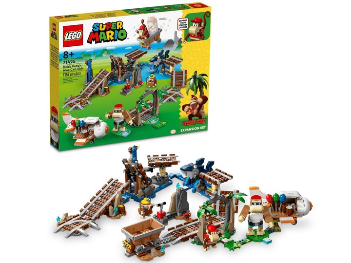 The Lego Super Mario Diddy Kong's Mine Cart Ride Expansion Set with its box in the background.