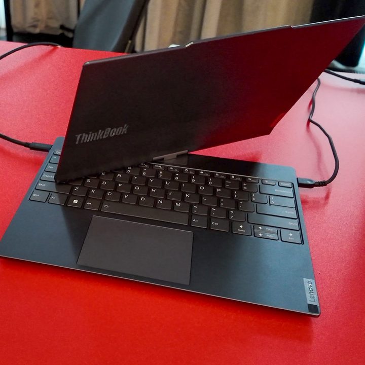 The Lenovo AI Twist PC midway through its pirouette