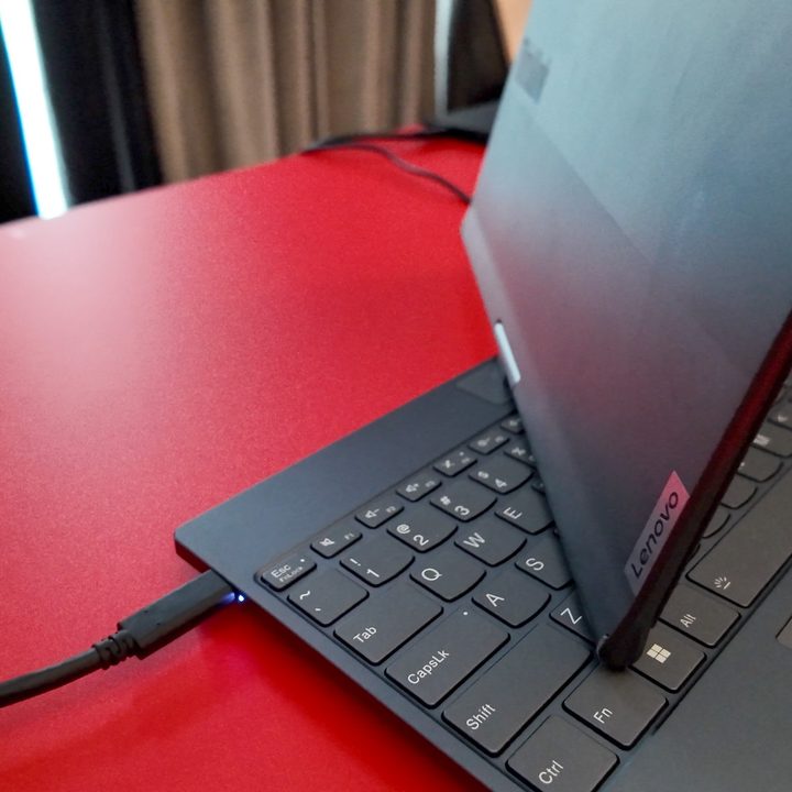 The Lenovo AI Twist PC midway through its rotation