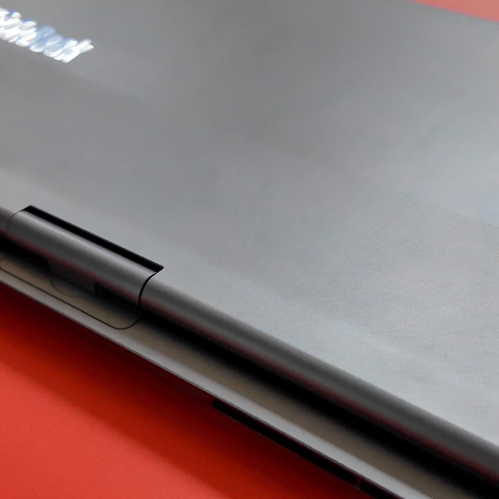 A close up on the voice controlled hinge on the Lenovo AI Twist PC