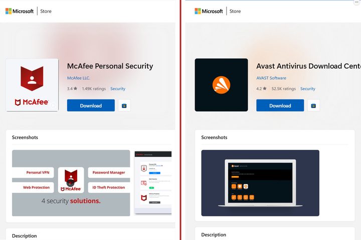 McAfee and Avast antivirus Microsoft Store ating appears in a split-view.