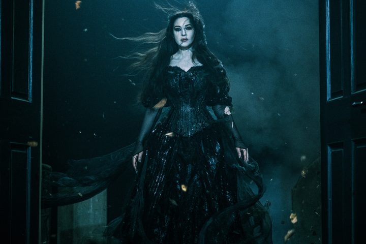Monica Belucci wears a black dress in Beetlejuice Beetlejuice.