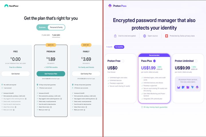 NordPass and Proton Pass pricing tiers appear in a split-view.