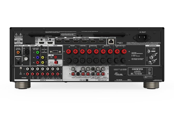 The rear panel of the Onkyo TX-RZ30 9.2-channel AV receiver.