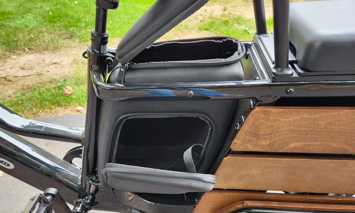 Pedego Cargo left side view with storage case open.