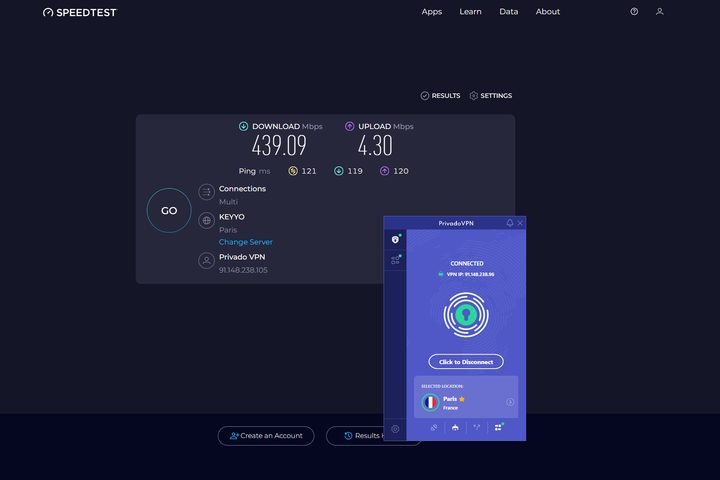 PrivadoVPN had great speed for a server in France.