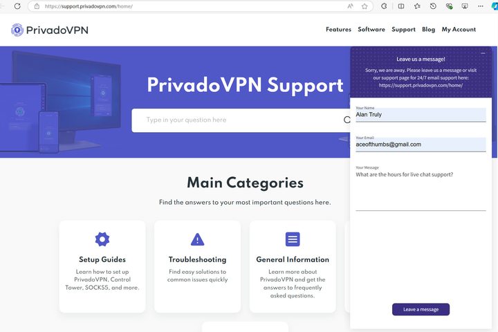 PrivadoVPN's live chat isn't always available, so I left a message.