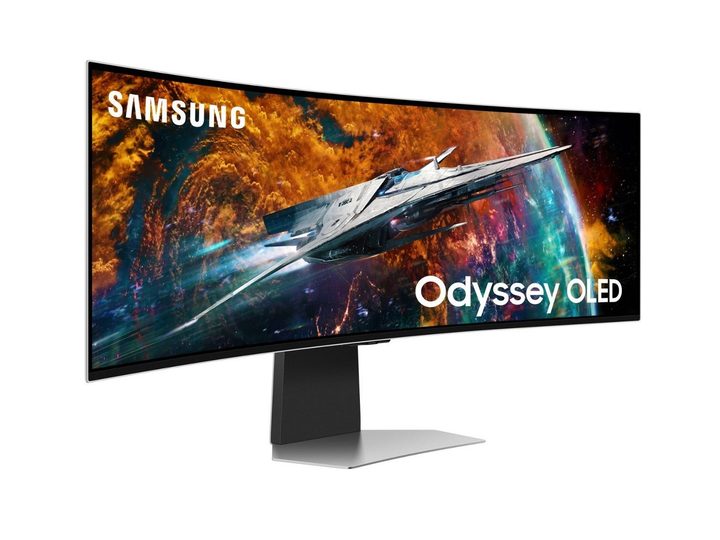 A view of the Samsung Odyssey OLED G9 G95SC that lets you see its curve.