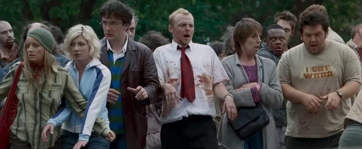 The cast of "Shaun of the Dead" acting like zombies.