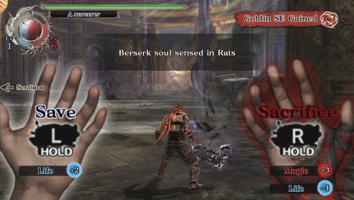 The option to save or sacrifice in Soul Sacrifice Delta.