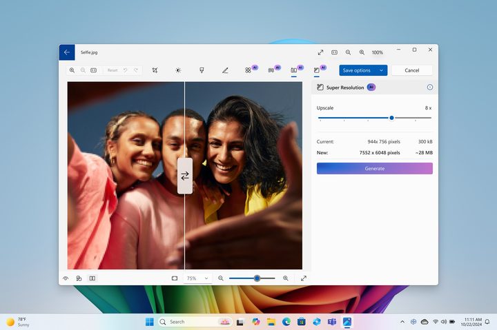 The super resolution feature in Microsoft Photos.