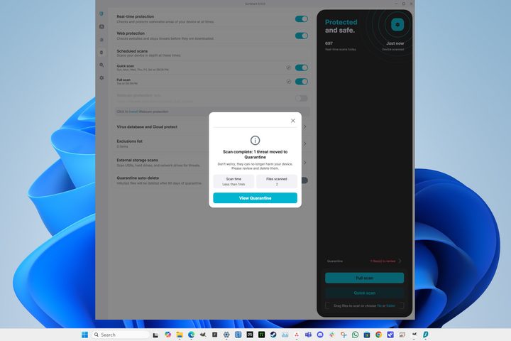 Surfshark One's antivirus scanner detected and quarantined the EICAR malware test file.