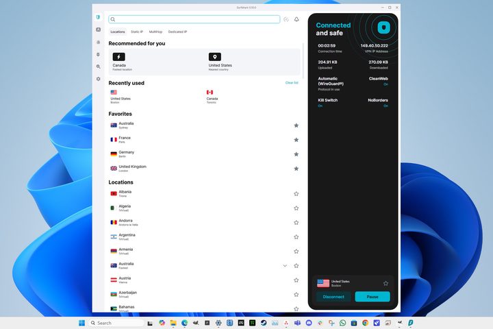 Surfshark has a nice, clean design with additional features in the sidebar.