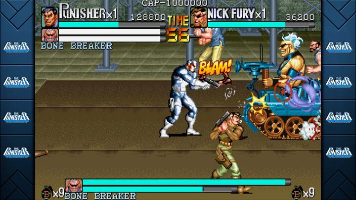 The Punisher and Nick Fury fight a boss in Marvel vs. Capcom Fighting Collection: Arcade Classics.