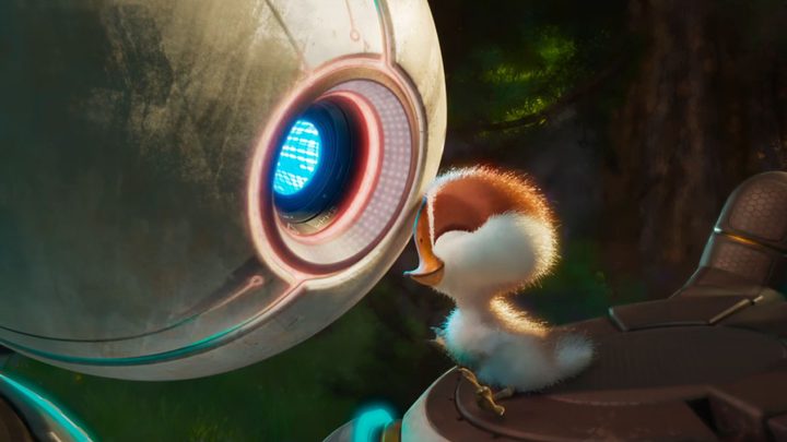 Roz comforts her adoptive gosling in The Wild Robot.