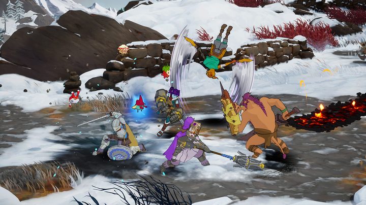 Some co-op Towerborne gameplay in a snowy stage.
