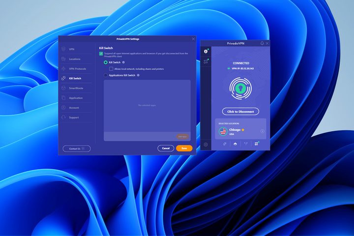 While PrivadoVPN's main window is tiny, a second settings window helps adjust options.