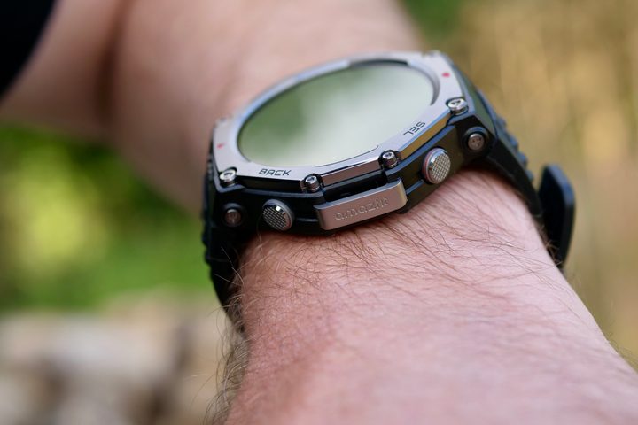 A person wearing the Amazfit T-Rex 3, showing the side of the case.