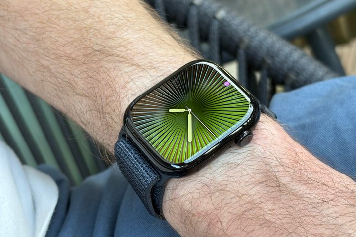 The Apple Watch Series 10 on someone's wrist with the screen on.
