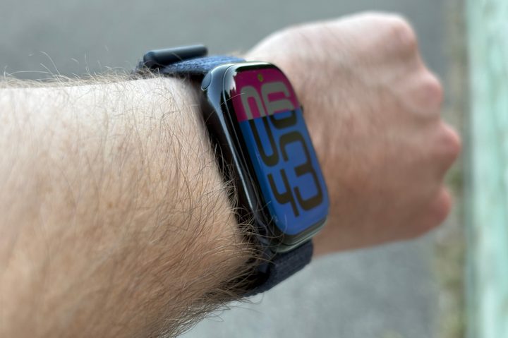 The Apple Watch Series 10, viewed at an angle from someone's wrist.