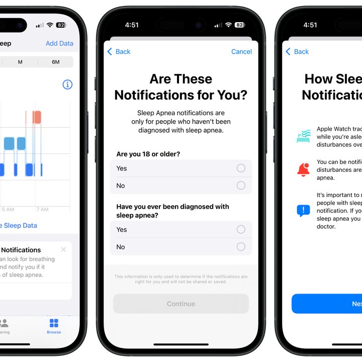 Screenshots of setting up the sleep apnea detection feature for the Apple Watch Series 10.
