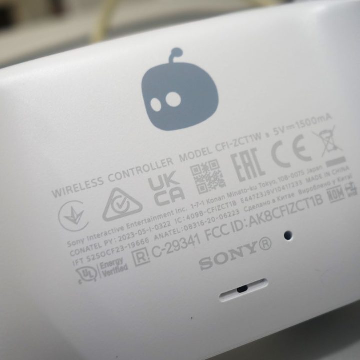 A look at a logo on the back of the Astro Bot DualSense controller.
