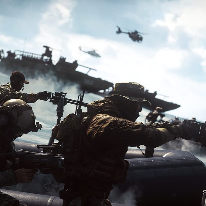Soldiers standing behind turret guns in Battlefield 4.